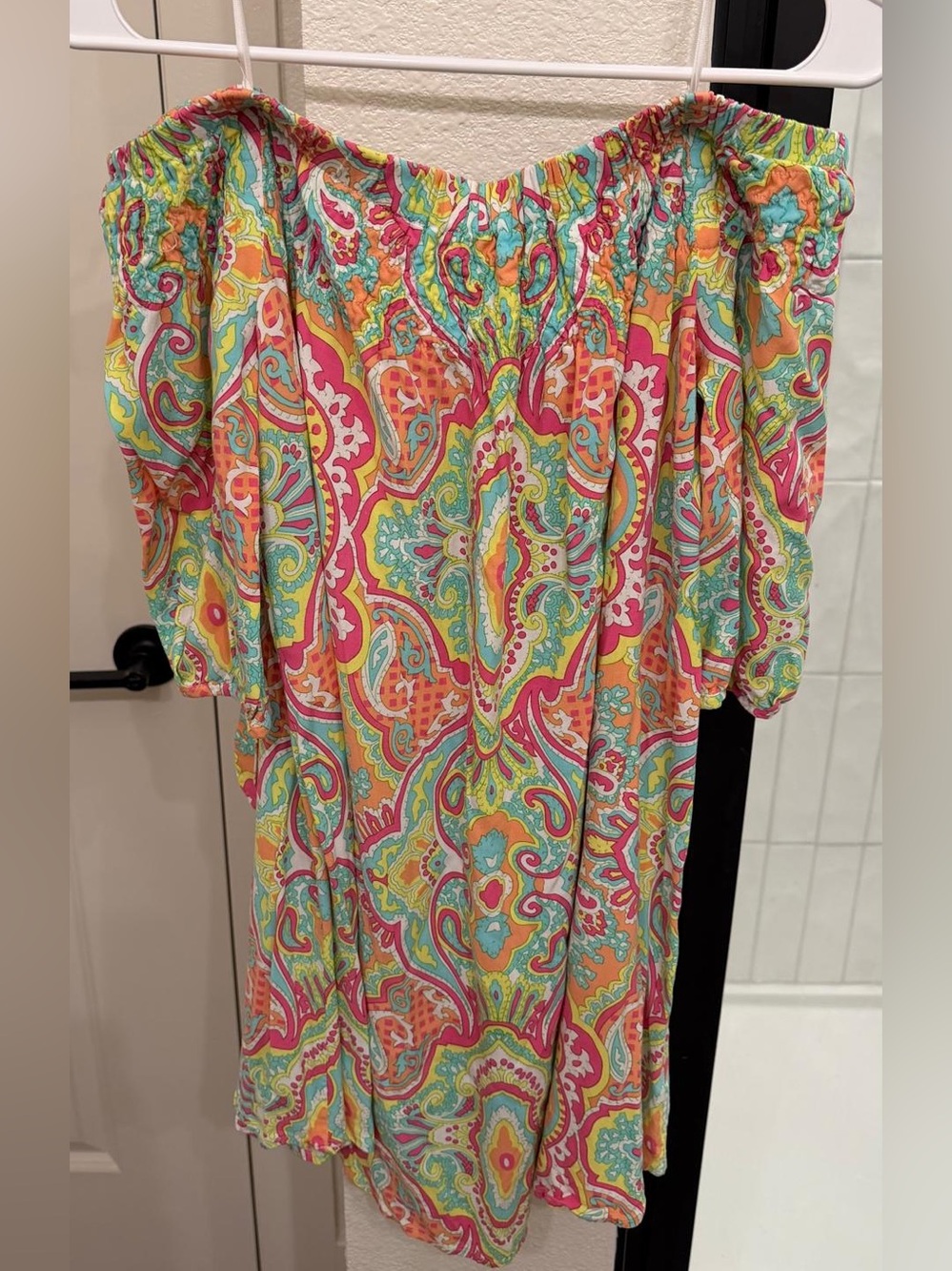 Nicole Miller Bright Paisley Off-Shoulder Dress in Coral, Aqua & Yellow Size 6